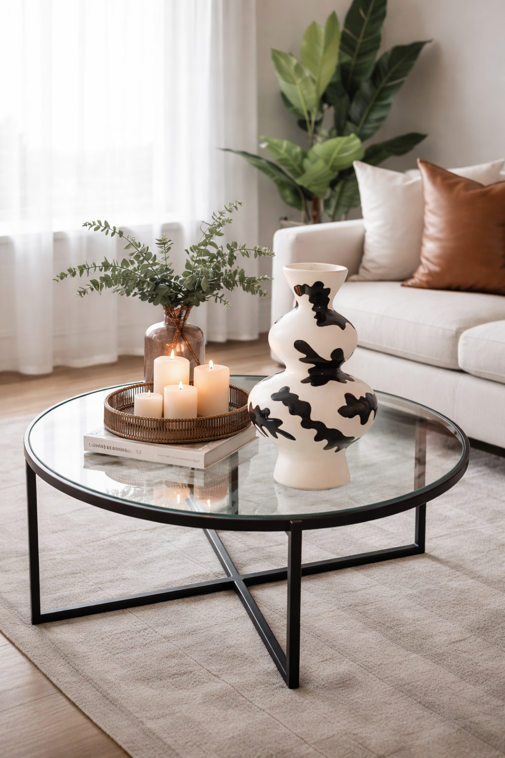 Living room with a round glass coffee table, decorative vase, candles, and plants.