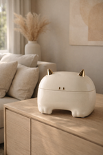 White cat-shaped humidifier on a wooden surface with a neutral-colored room in the background