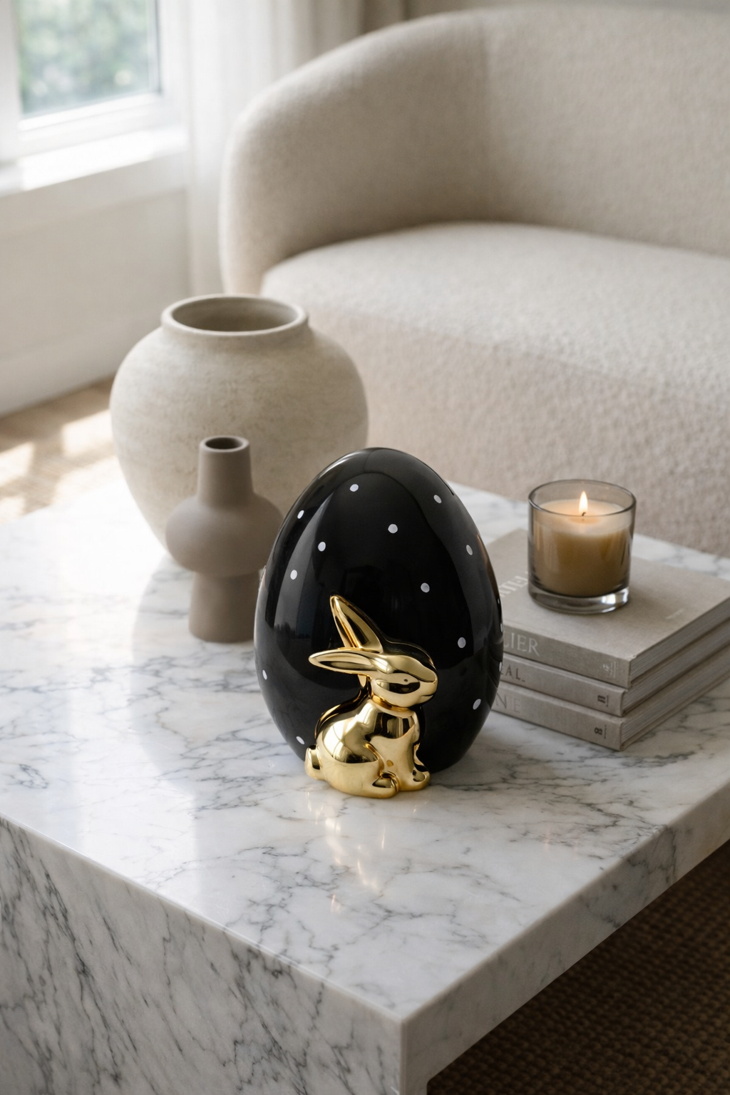 Decorative black egg with gold rabbit figure on a marble surface with vases and a candle in the background.