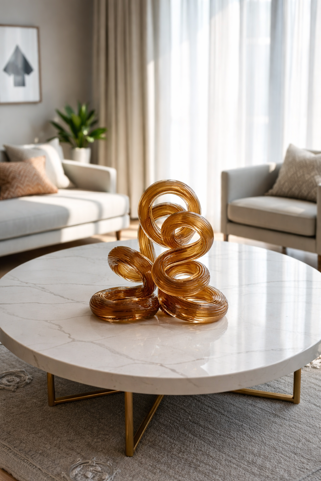 Decorative sculpture on a marble coffee table in a living room setting