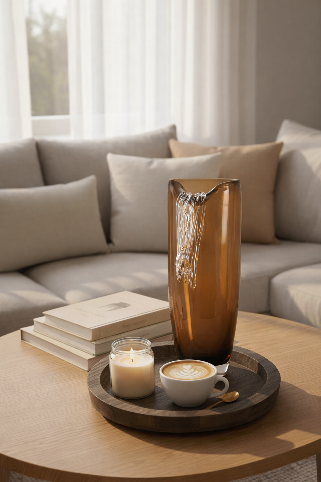 Café table with a vase, books, candle, and coffee cup in a living room setting.
