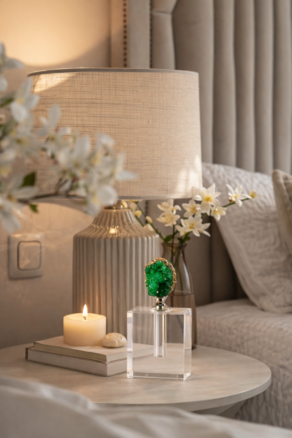 Decorative table setting with a lamp, candle, and small sculpture on a round table.