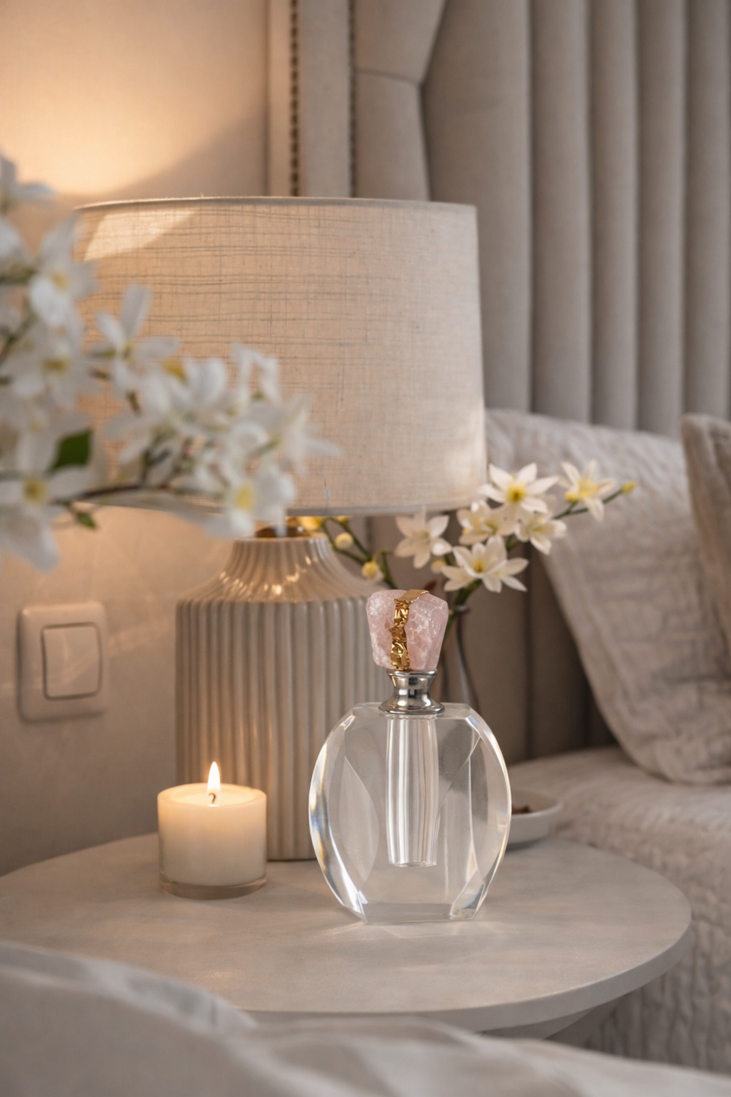 Clear glass bottle with floral design on a table next to a lamp and candle in a cozy room.