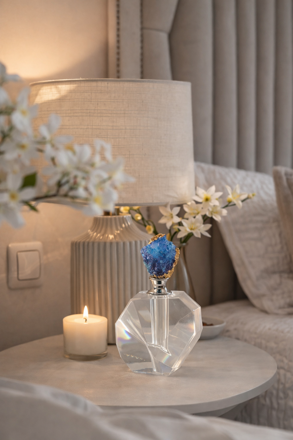 Clear glass diffuser with blue flower on a table next to a candle and flowers, with a lamp and sofa in the background.