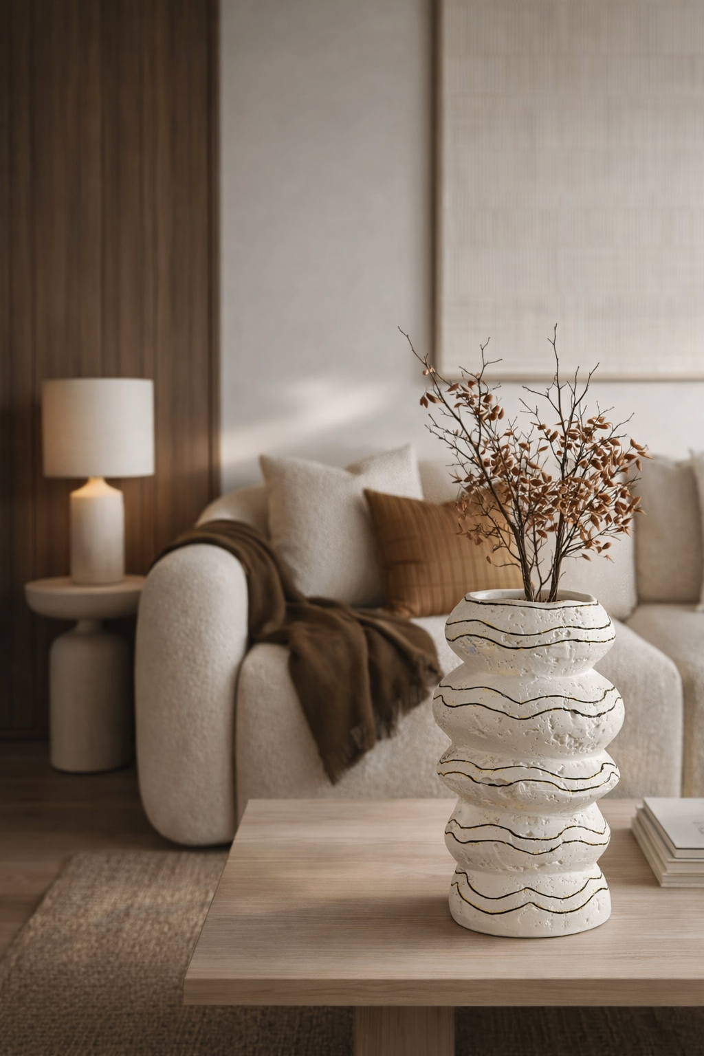 Living room with a beige sofa, decorative vase, and lamp.