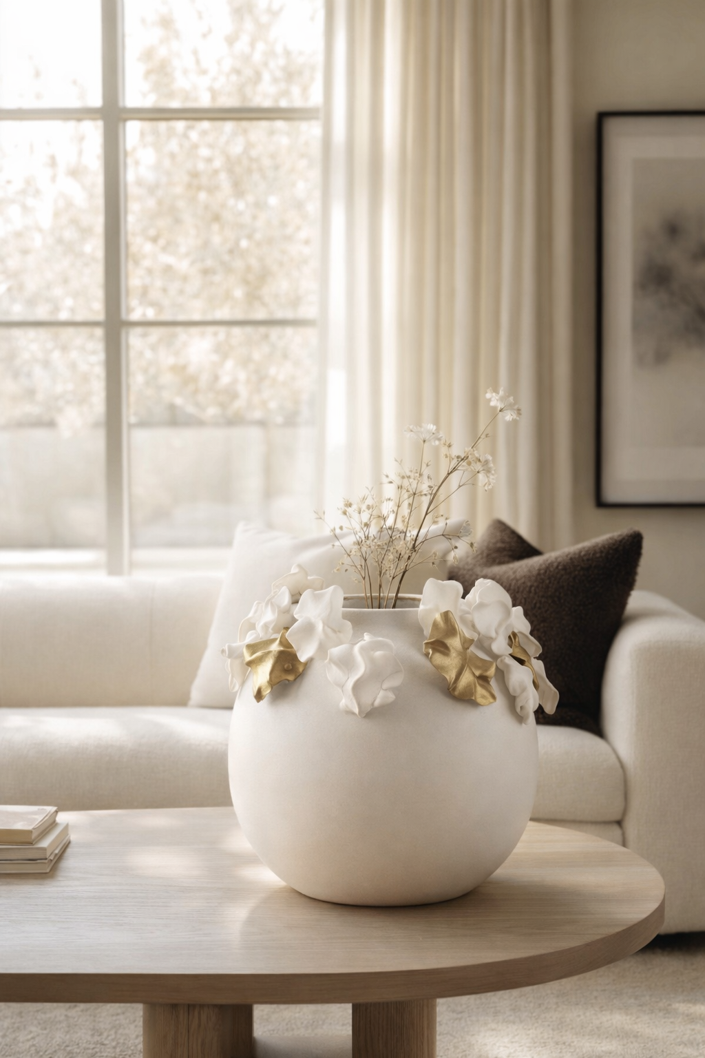 White vase with floral decorations on a wooden coffee table in a living room.