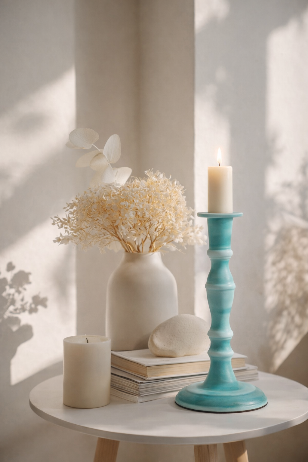 Decorative setting with a vase, candles, and books on a table in a softly lit room.