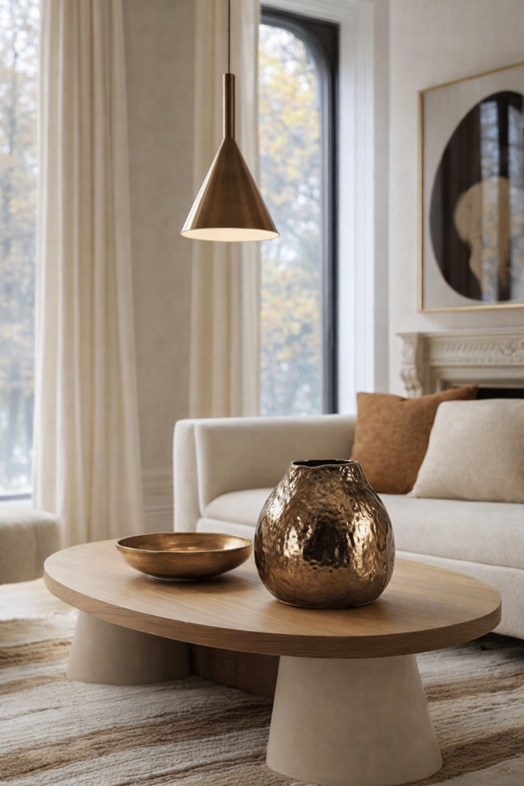 Modern living room with a wooden coffee table, decorative vase, and armchair.