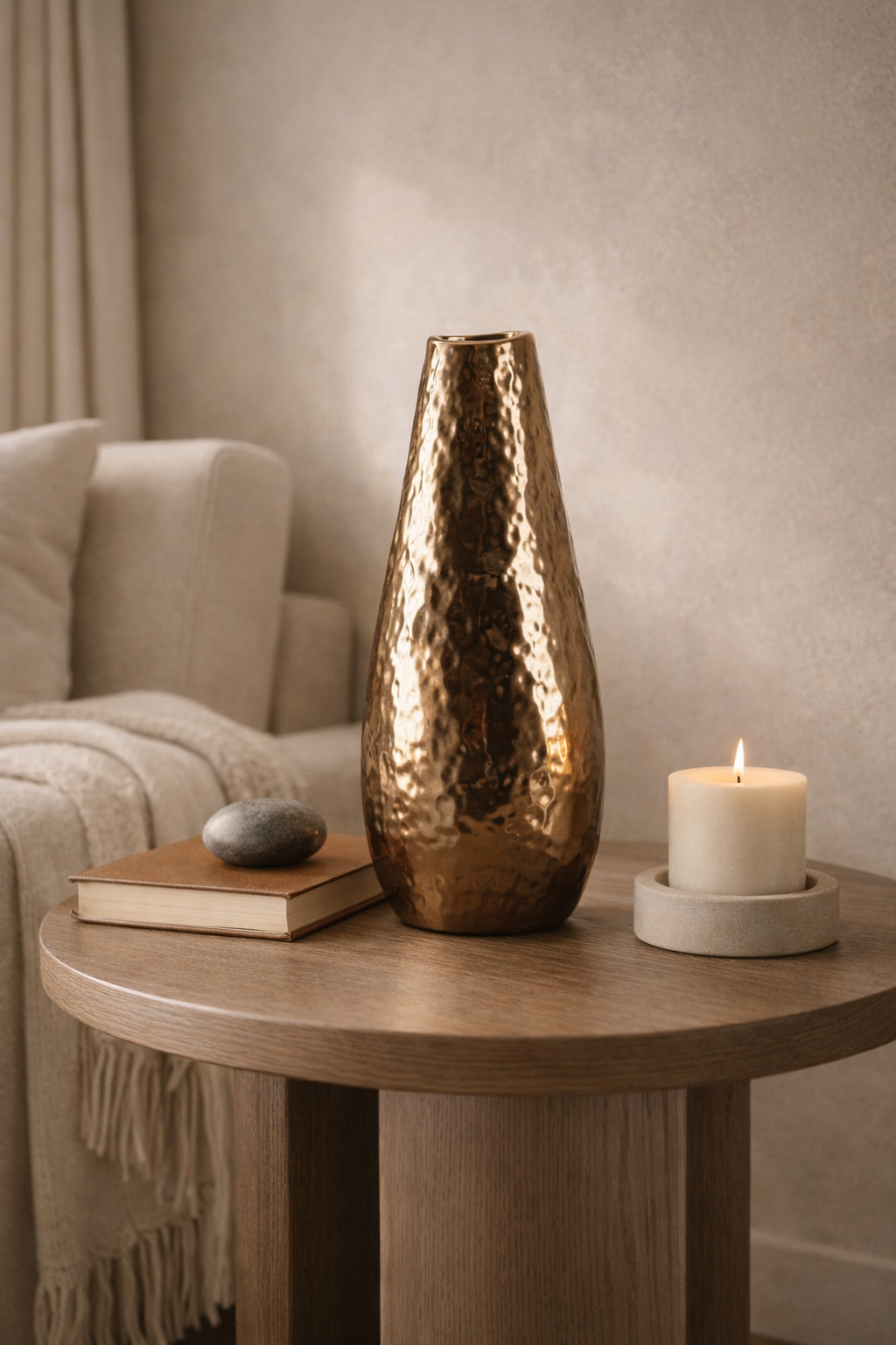 Bronze vase on a wooden table with a candle and book in a cozy room setting.