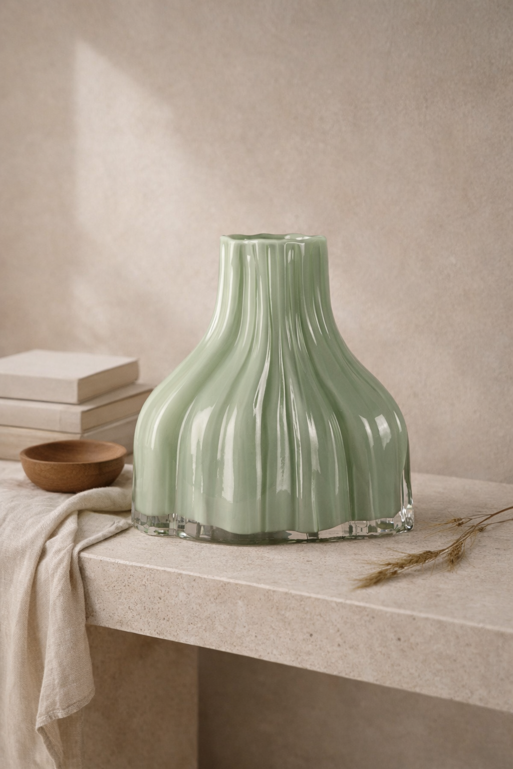 Green vase on a table with books and a bowl in the background