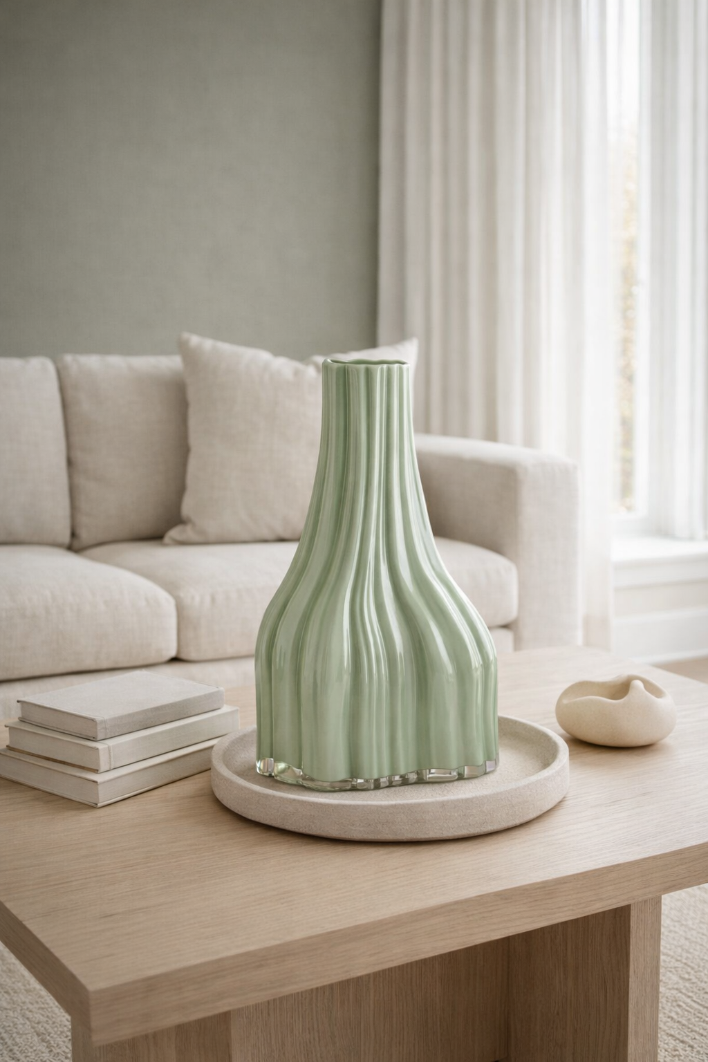 Green vase on a wooden table in a living room with a beige sofa and white curtains.