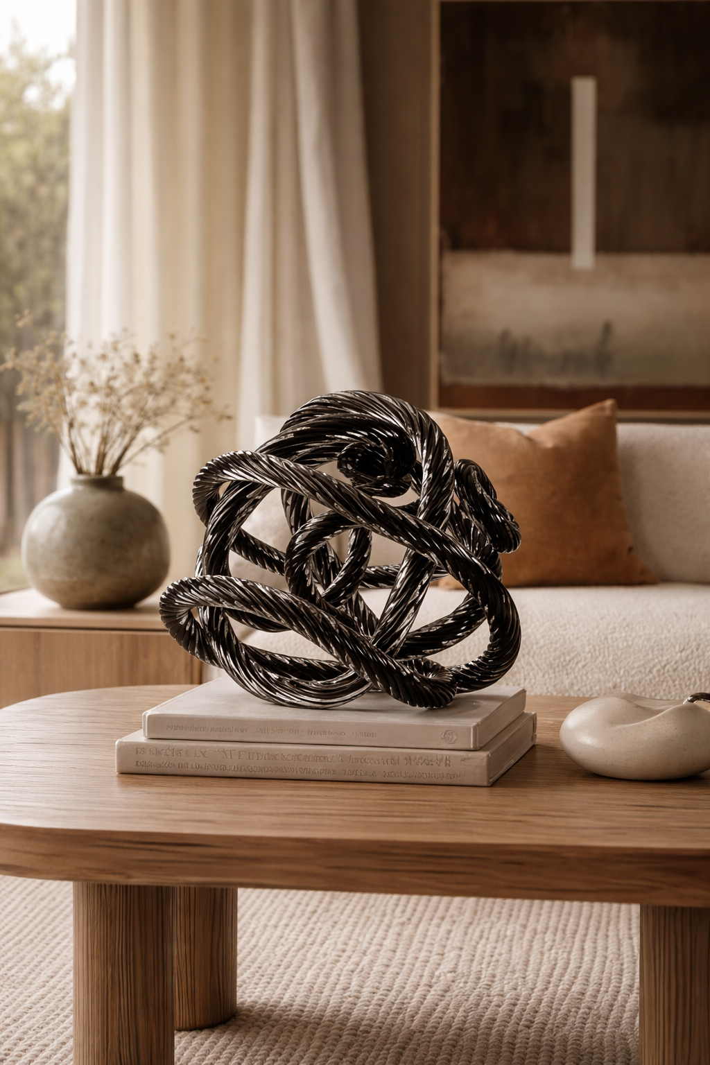 Decorative black sculpture on a wooden table in a living room setting