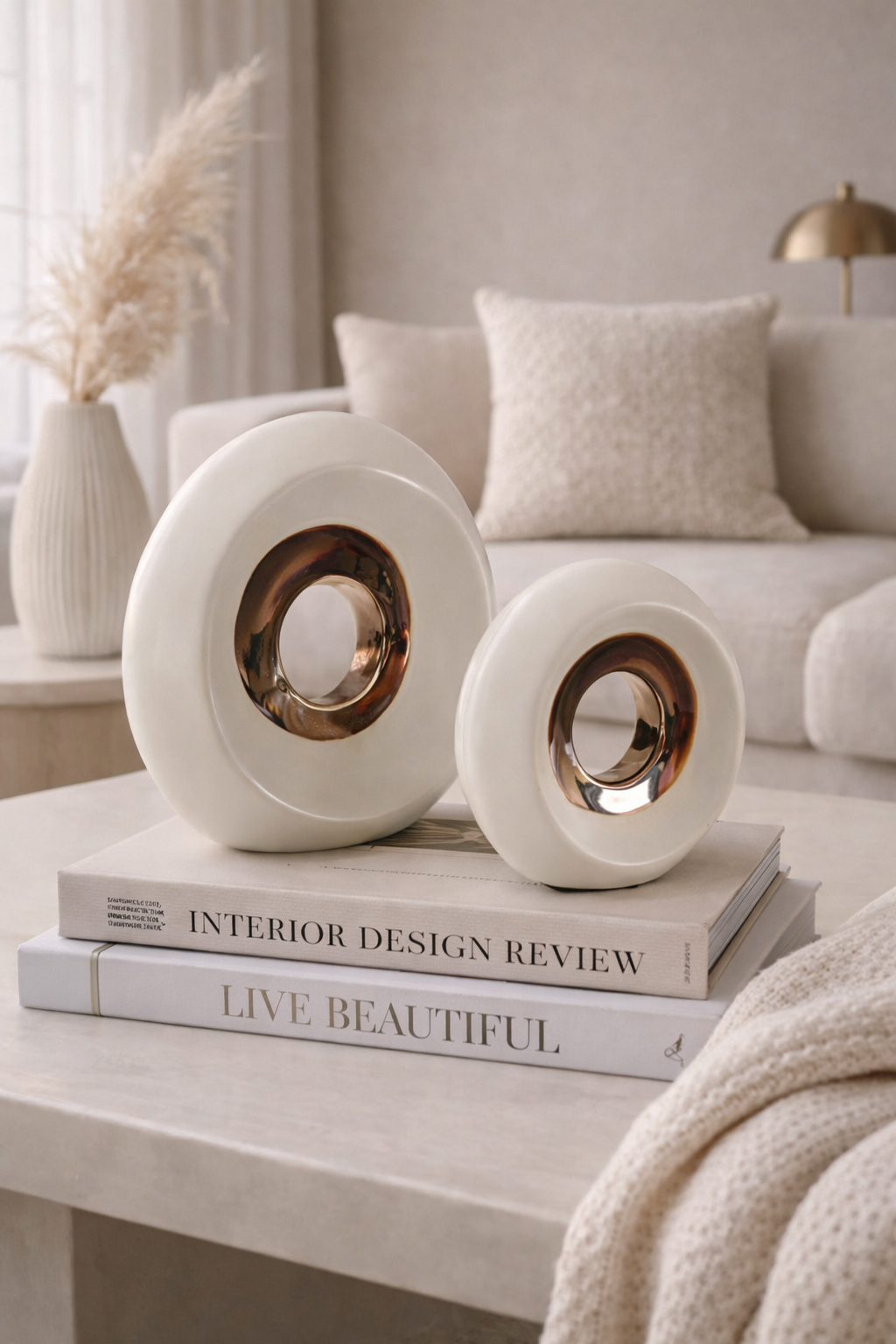 Decorative white sculptures on books with a cozy living room background