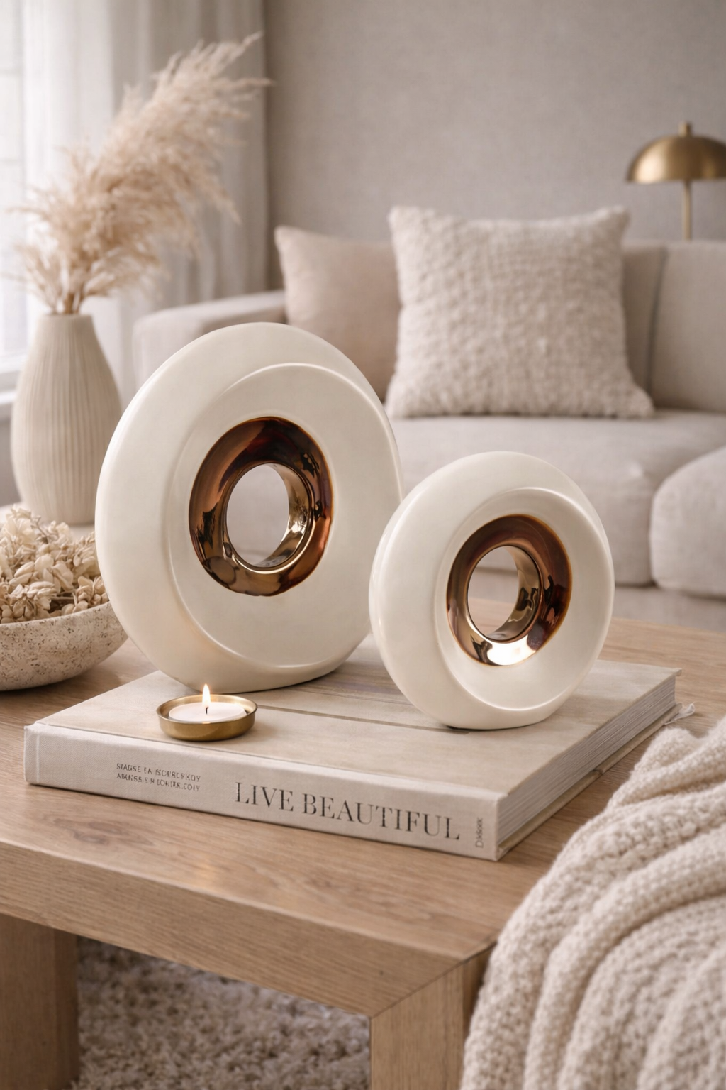 Decorative items on a coffee table with a 'Live Beautiful' book in a living room setting.