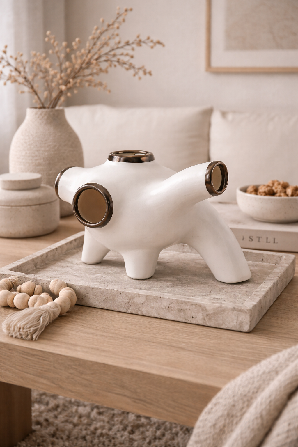 White decorative object on a marble tray with a neutral-toned room background
