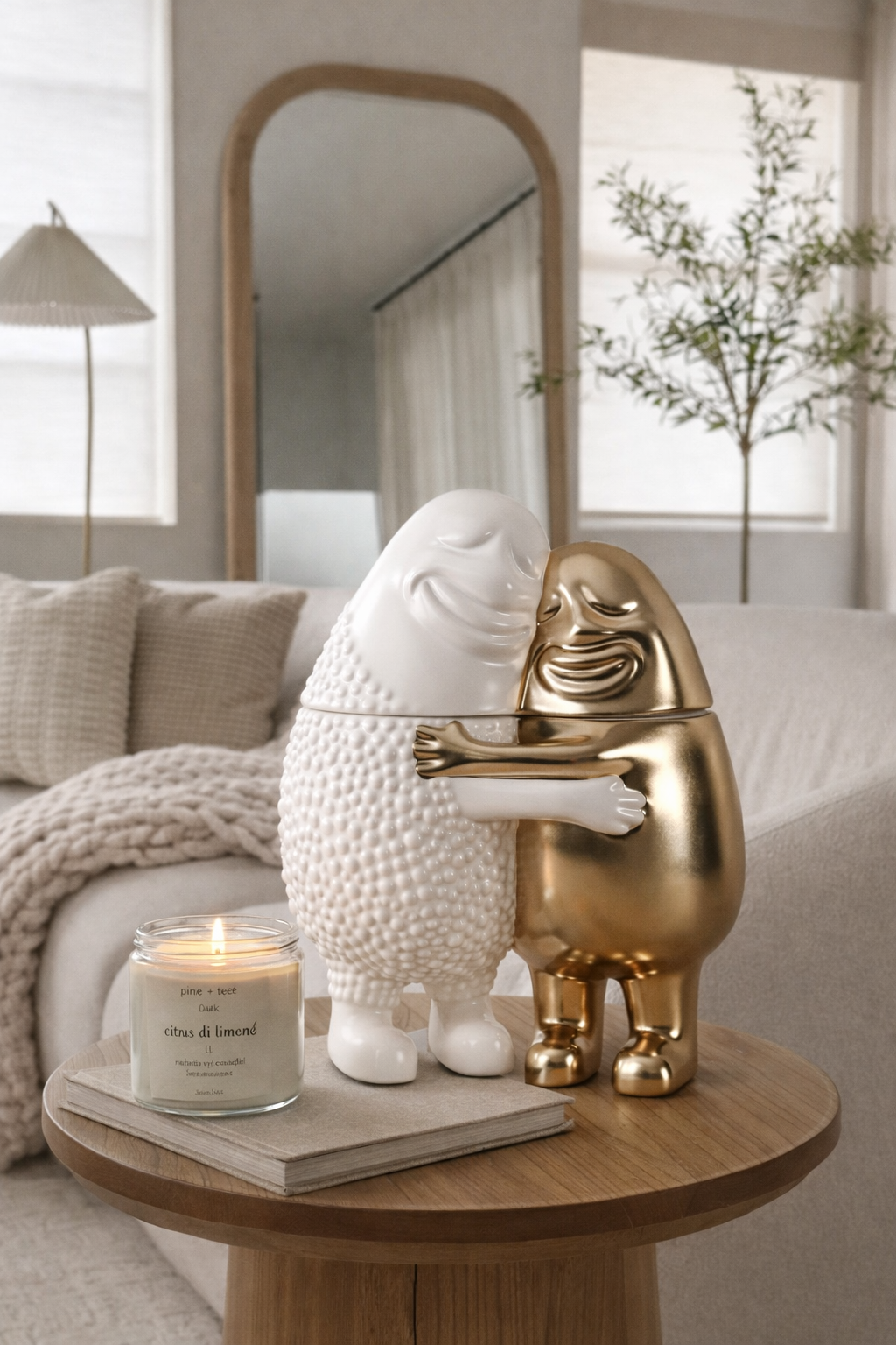 Decorative sculpture of two figures embracing on a table with a candle, in a living room setting.