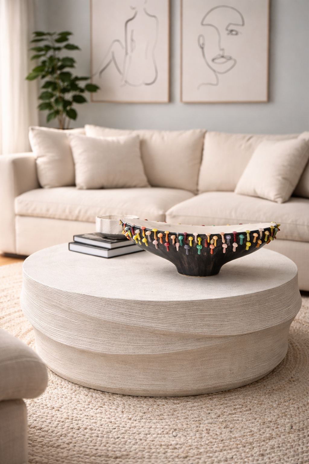 Beige sectional sofa with a round coffee table in a living room setting.