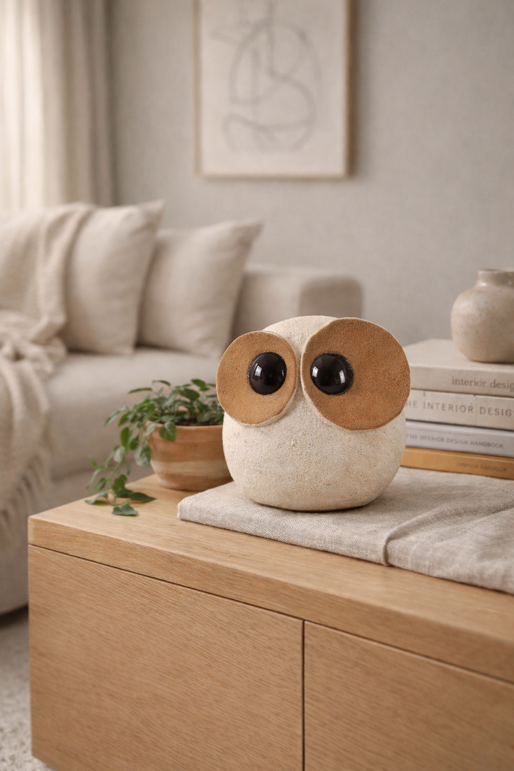 Decorative owl-shaped object on a wooden table in a living room setting.