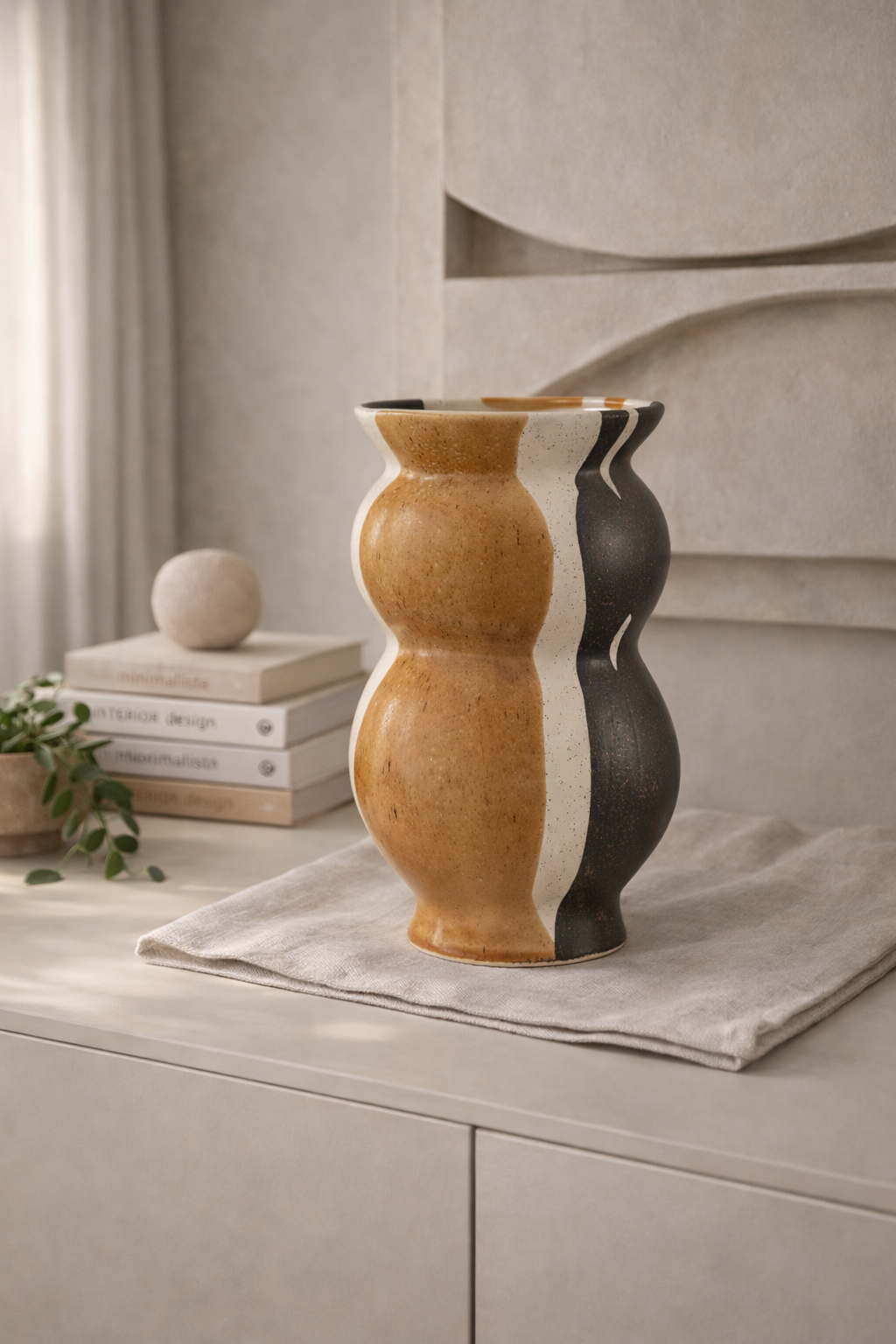 Two-tone ceramic vase on a surface with a neutral background