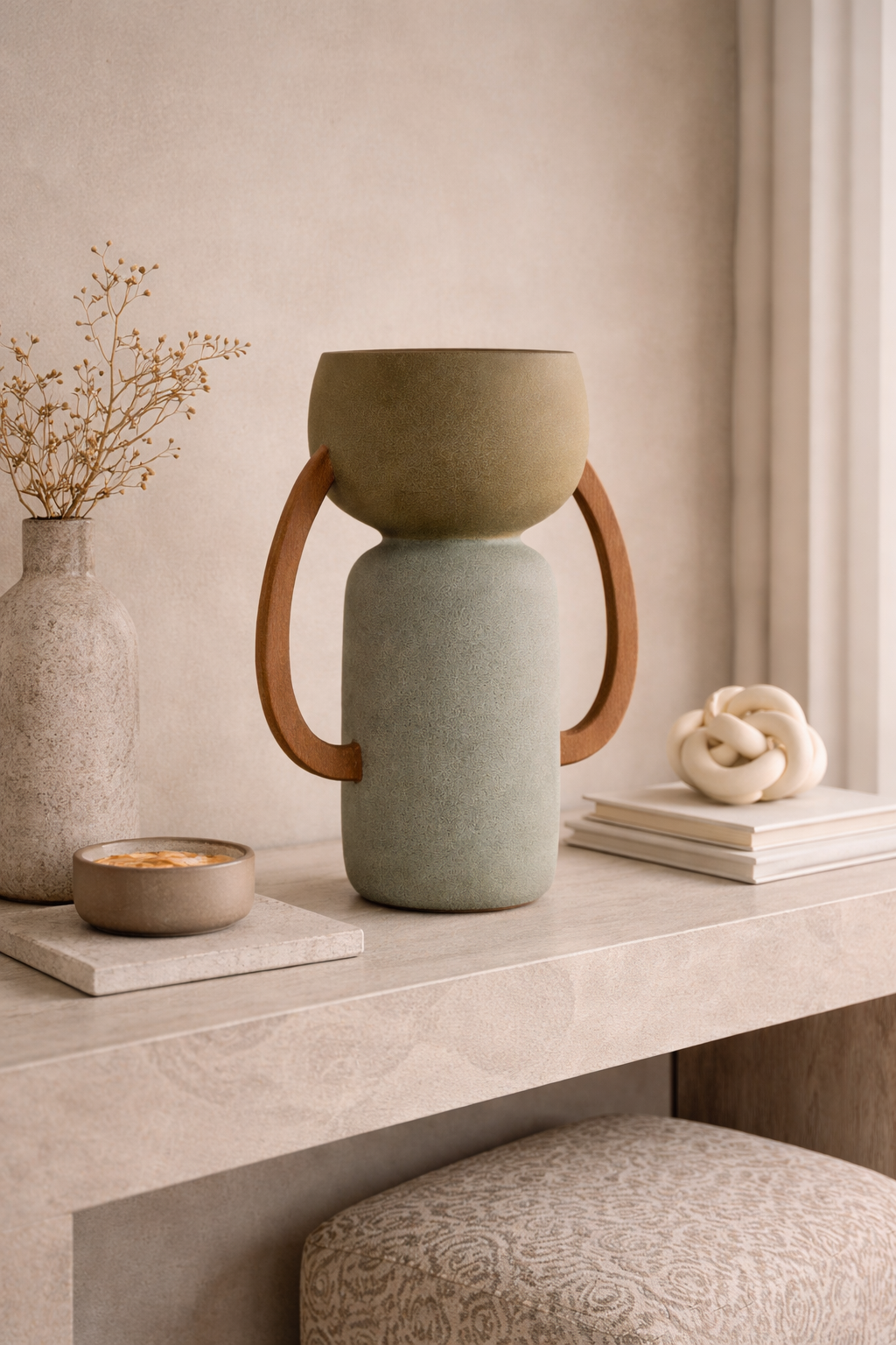 Ceramic vase with wooden handles on a table with decorative items.