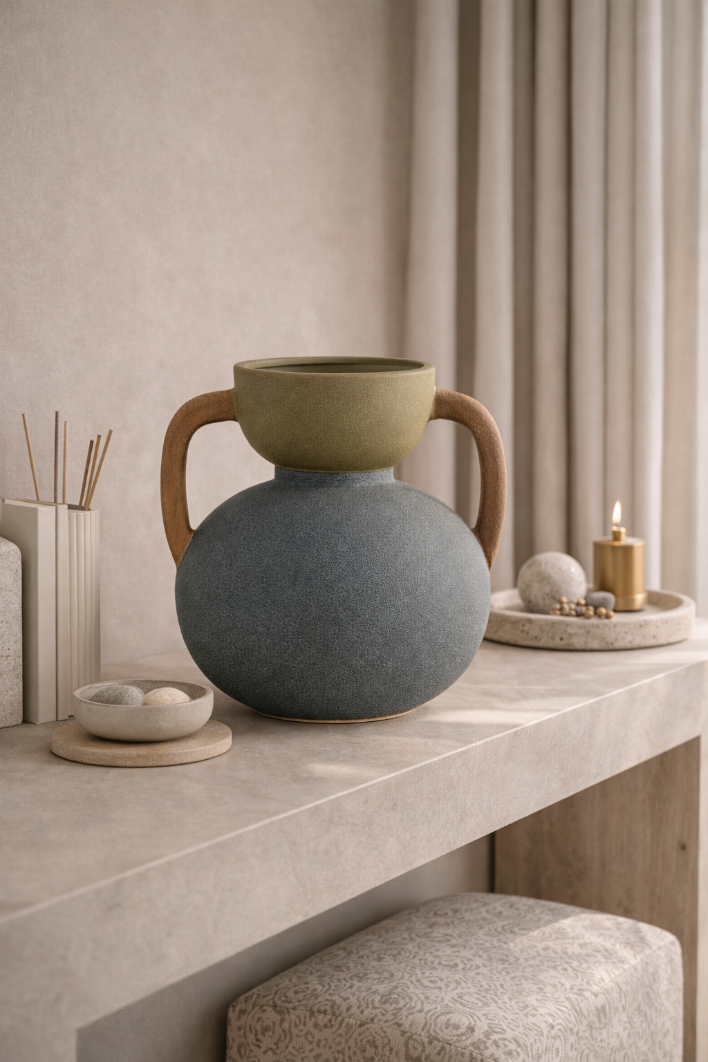 Ceramic vase with handles on a wooden surface in a minimalistic room.