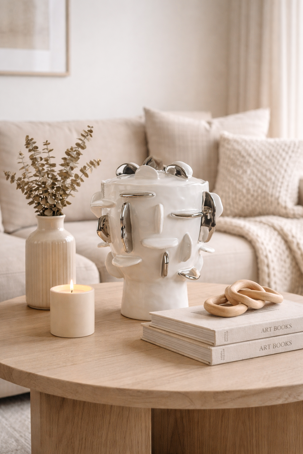 Decorative items on a wooden coffee table in a living room setting