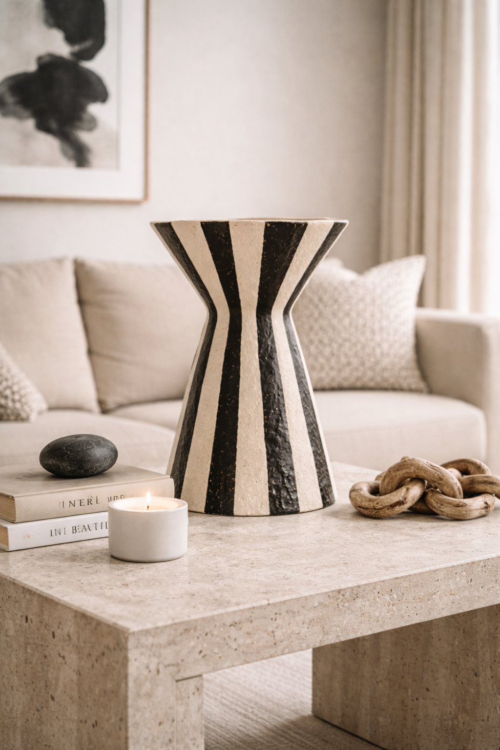 Decorative vase on a coffee table with a couch and books in the background