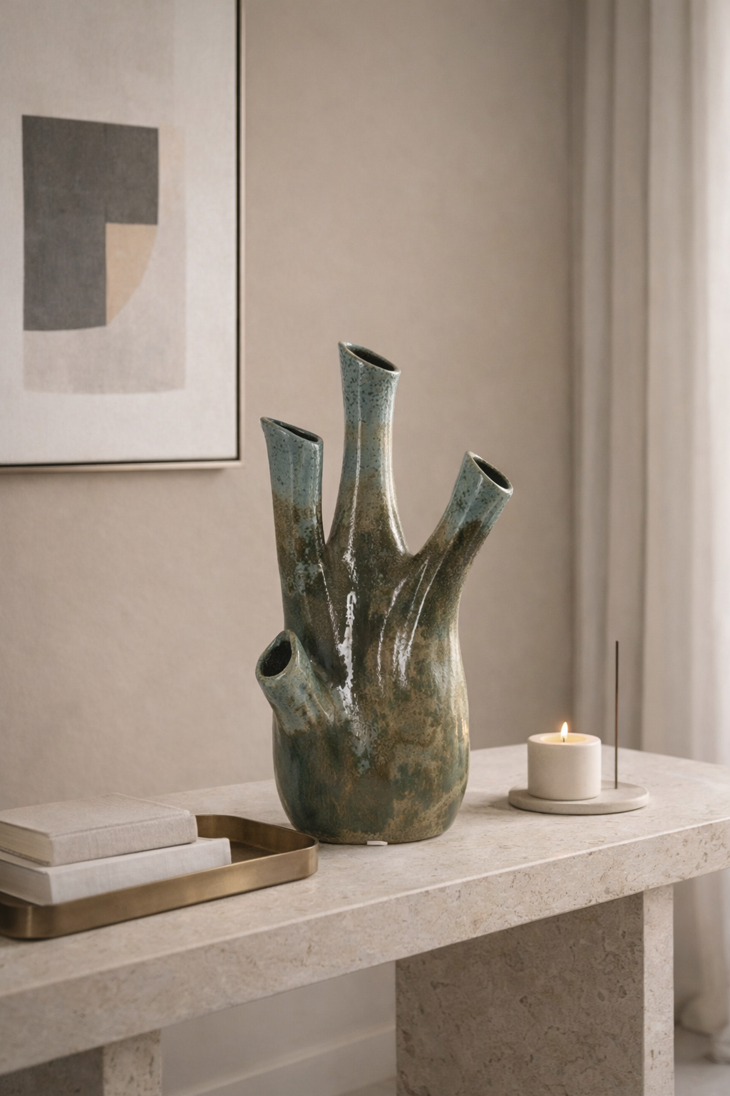 Decorative vase on a table with a candle and books in a room setting