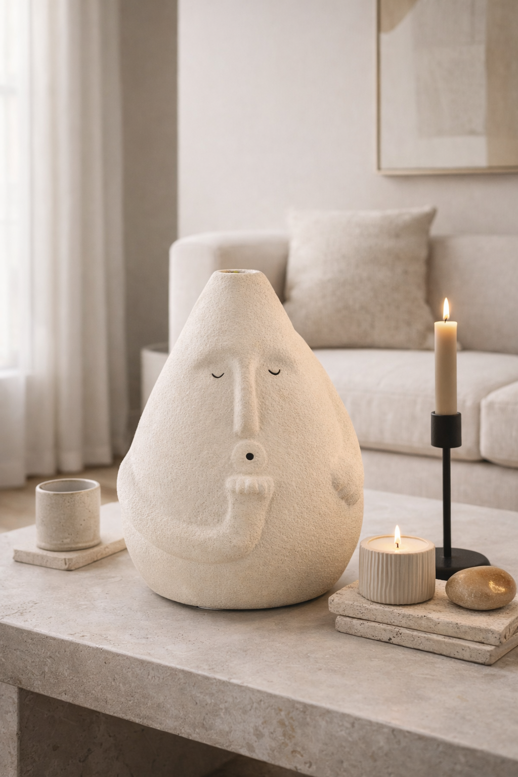 Decorative ceramic face sculpture on a table with candles and a couch in the background