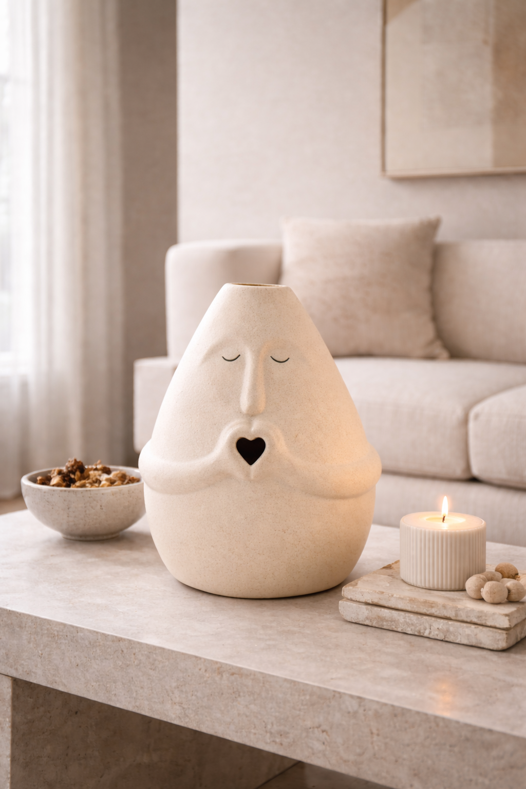 Ceramic vase with face design on a coffee table in a living room setting
