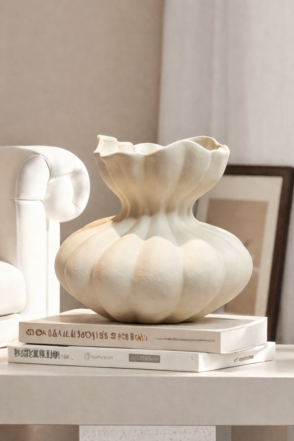 Decorative shell-shaped vase on books with a neutral background