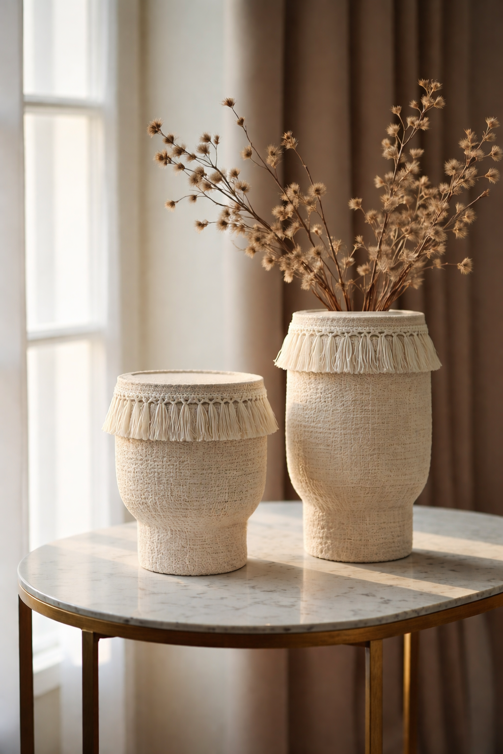 Two woven vases with fringe on a marble table in a softly lit room.