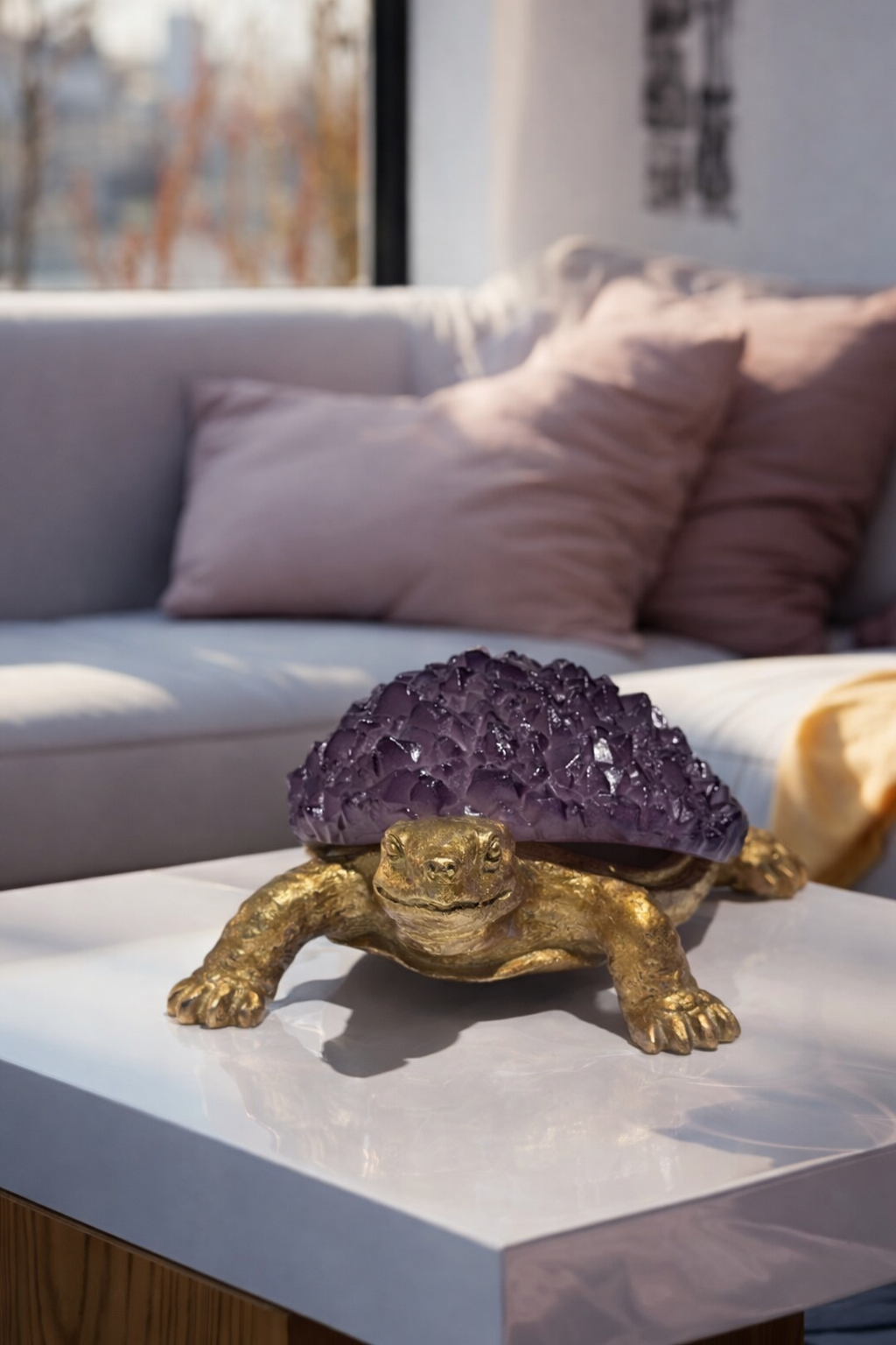 Decorative turtle figurine with purple crystal on a coffee table