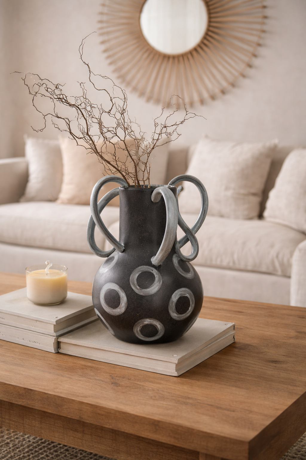 Decorative vase with circular patterns on a wooden table in a living room setting.