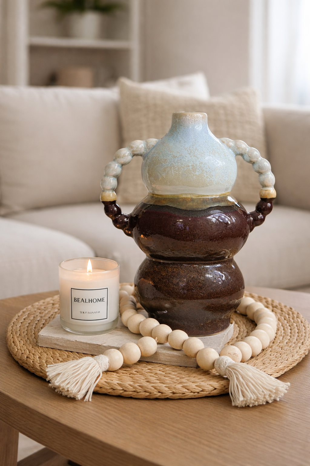 Decorative ceramic piece with beads and a candle on a wooden table in a living room setting.