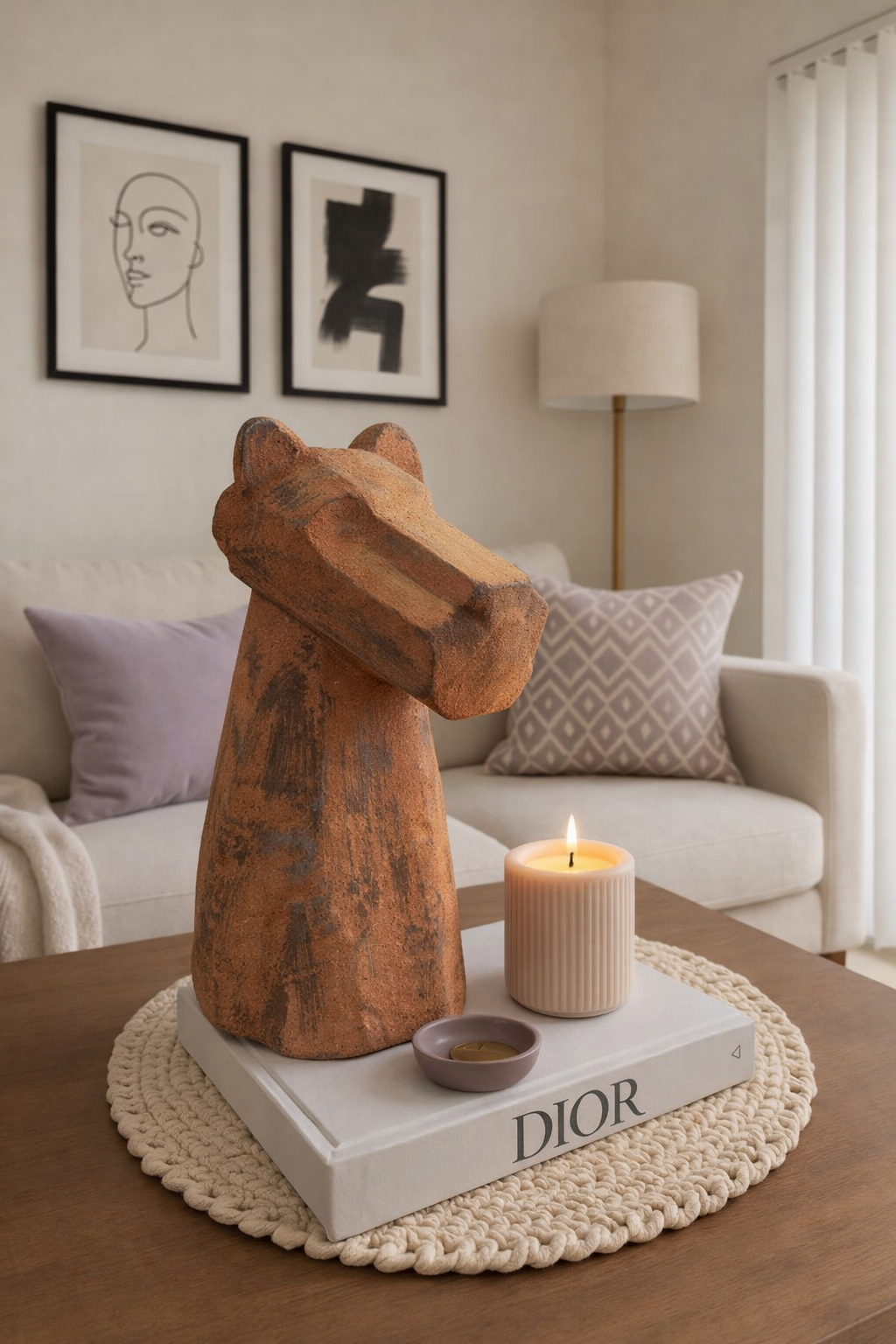 Wooden bear sculpture on a Dior book with a candle and small dish on a coffee table in a living room.