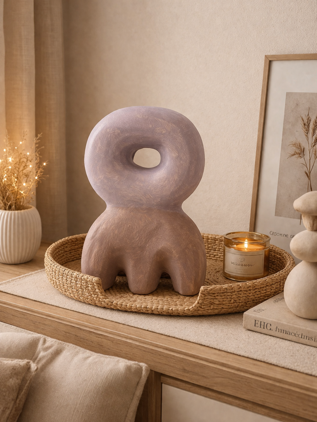Decorative object resembling a donut on a table with a candle and framed picture in a home setting.