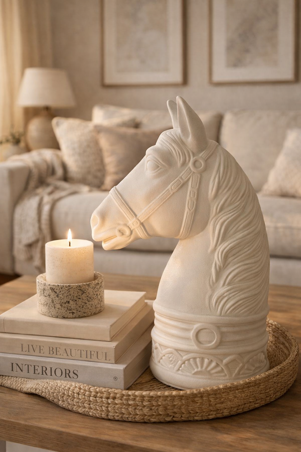Decorative horse head sculpture on a coffee table with books and a candle in a living room setting.