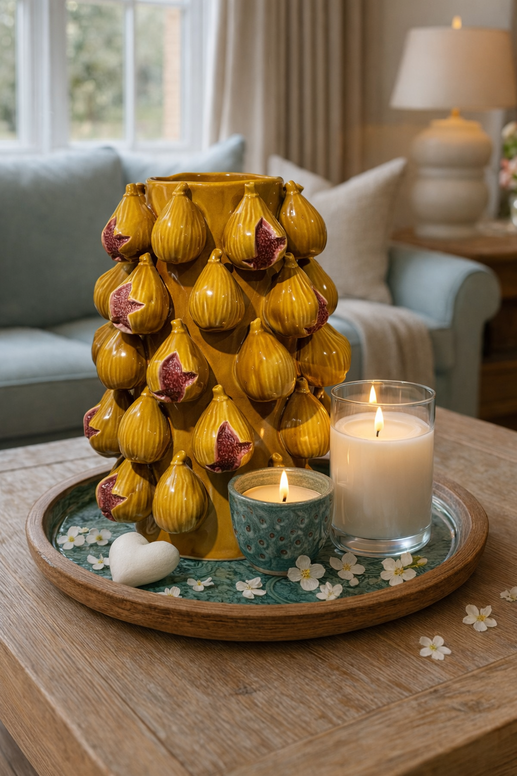 Decorative vase with fig design on a tray with candles in a living room setting