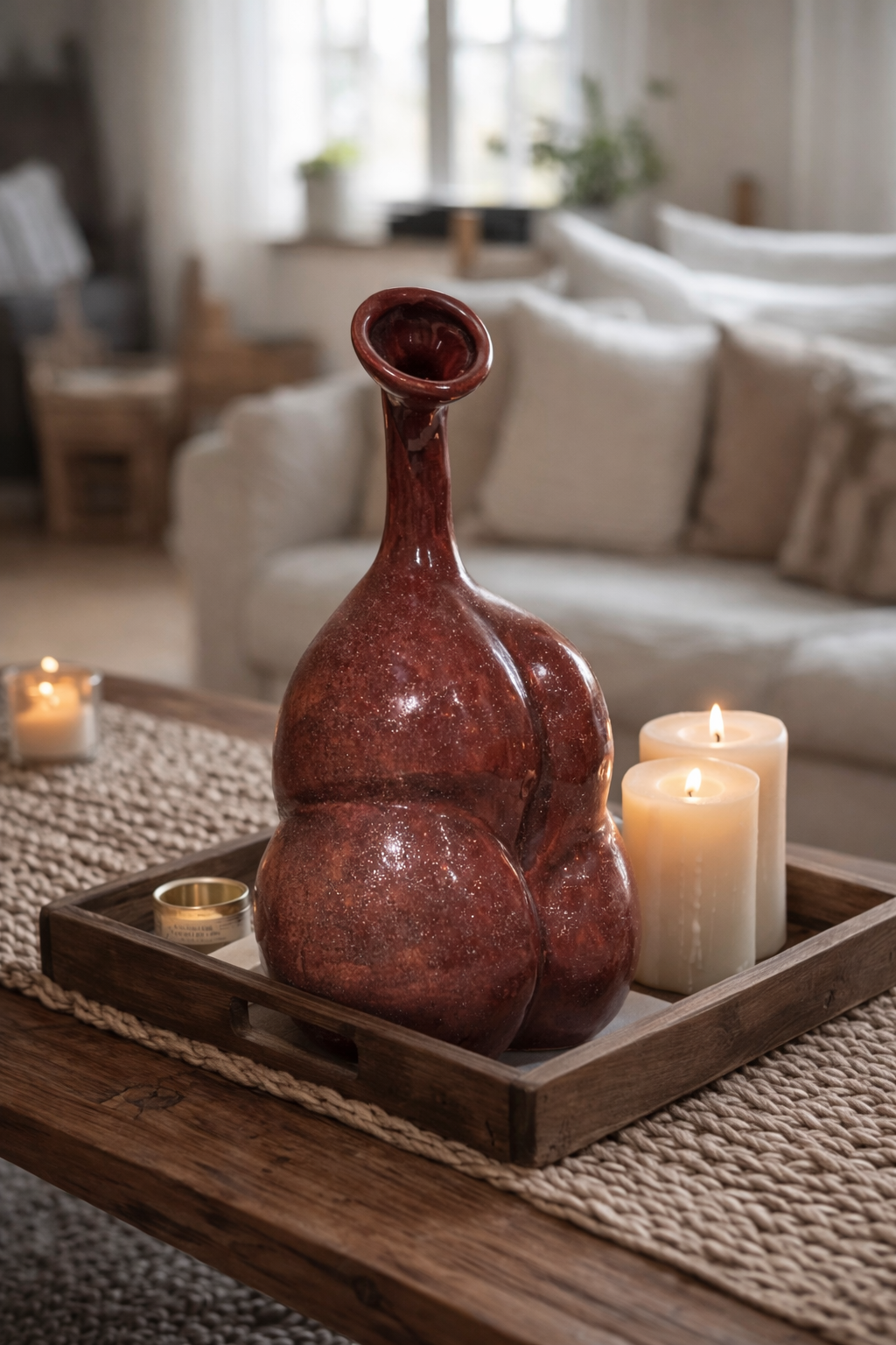 Decorative red ceramic vase on a wooden tray with candles in a living room setting.