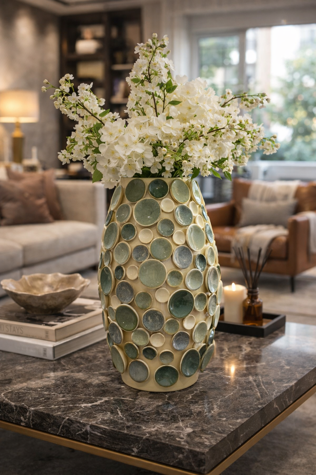 Decorative vase with white flowers on a marble table in a living room.