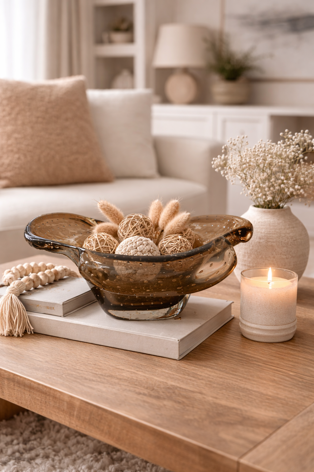 Decorative items on a coffee table in a living room setting