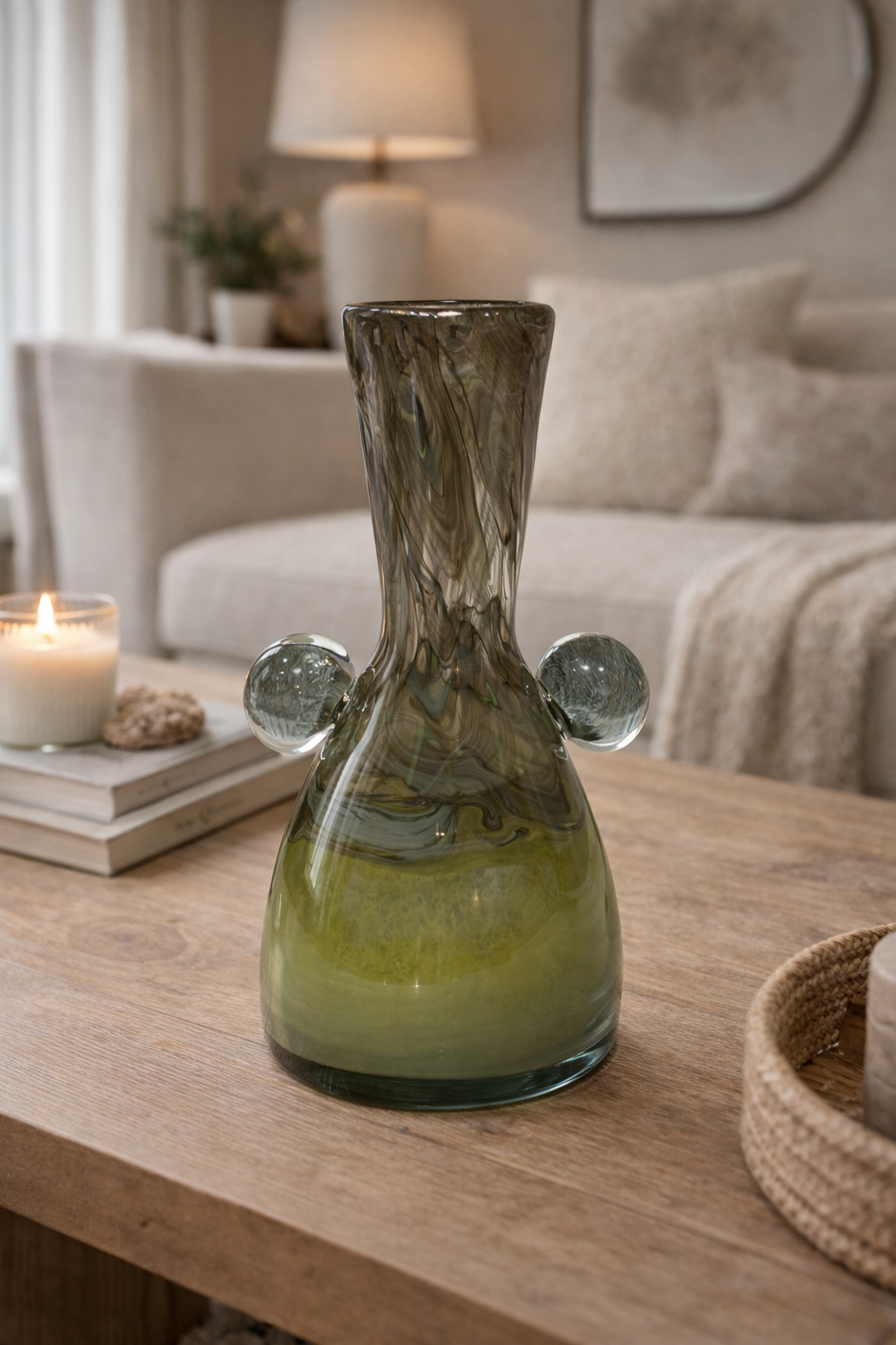 Decorative glass vase on a wooden table with a cozy living room background
