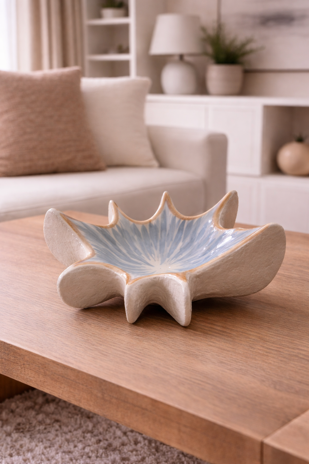 Ceramic dish on a wooden coffee table in a living room setting