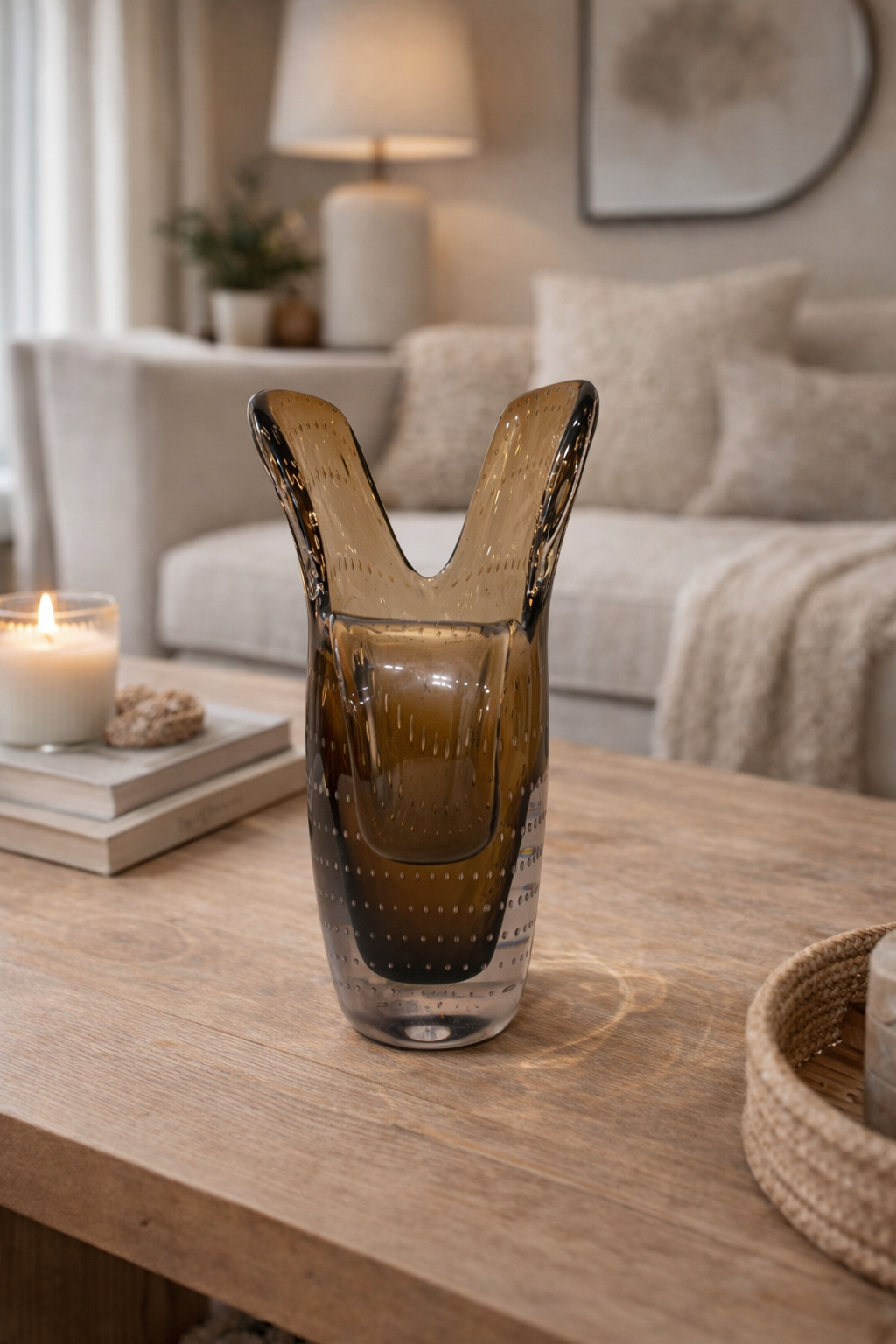 Decorative glass vase on a wooden table with a cozy living room background