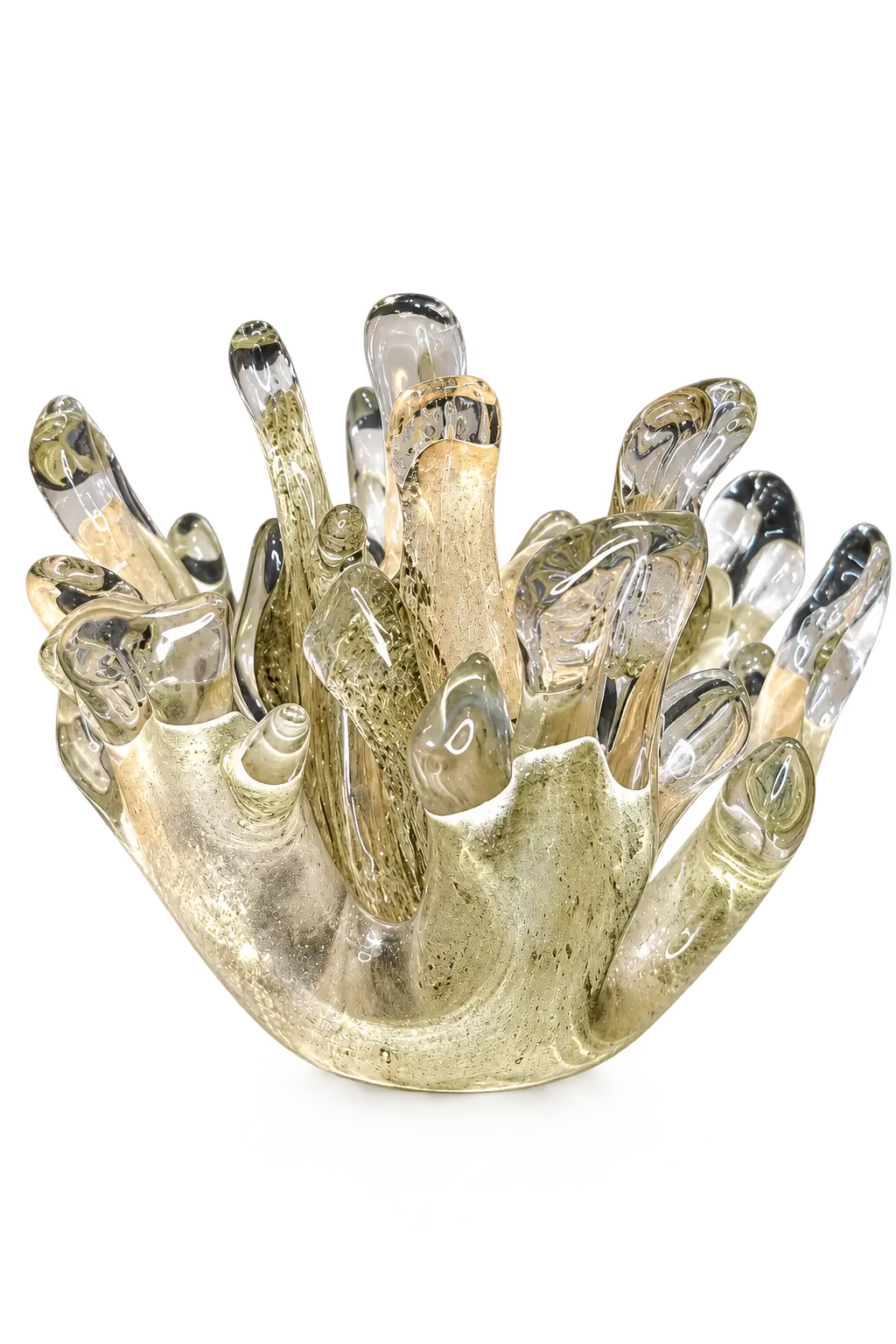 A sculptural glass bowl with multiple finger-like protrusions, crafted in transparent smoky glass with subtle gold and gray tones, set against a plain white background.