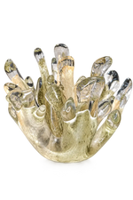 A sculptural glass bowl with multiple finger-like protrusions, crafted in transparent smoky glass with subtle gold and gray tones, set against a plain white background.