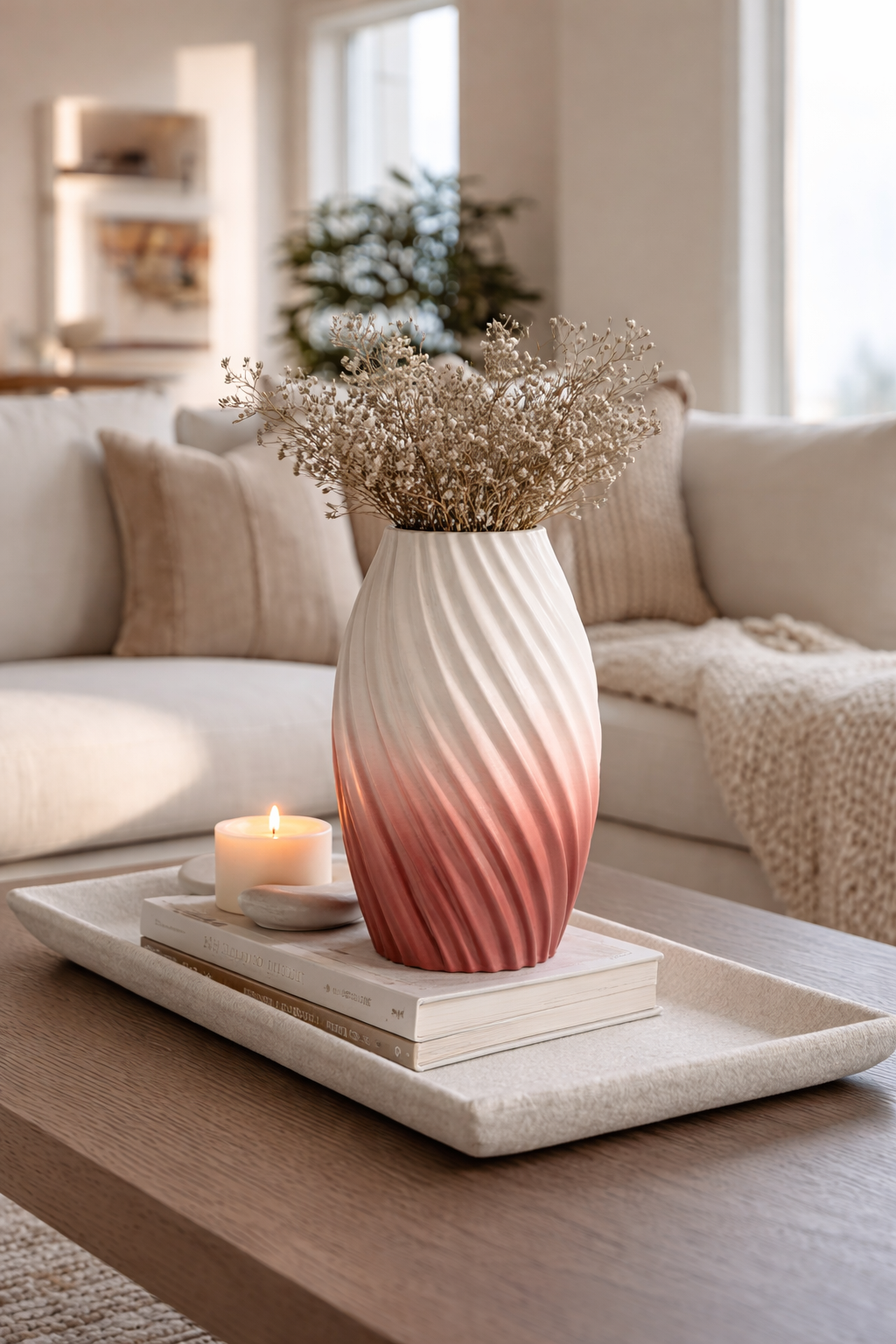 Decorative vase with flowers on a tray in a living room setting