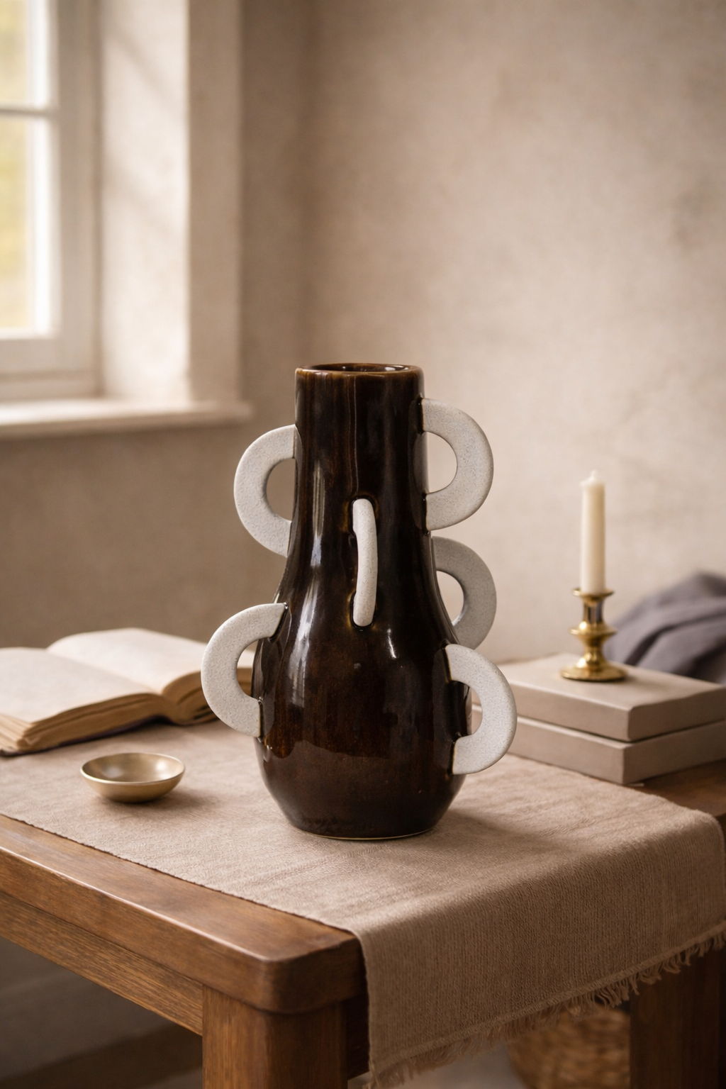 Decorative vase on a table with a candle and books in a softly lit room.