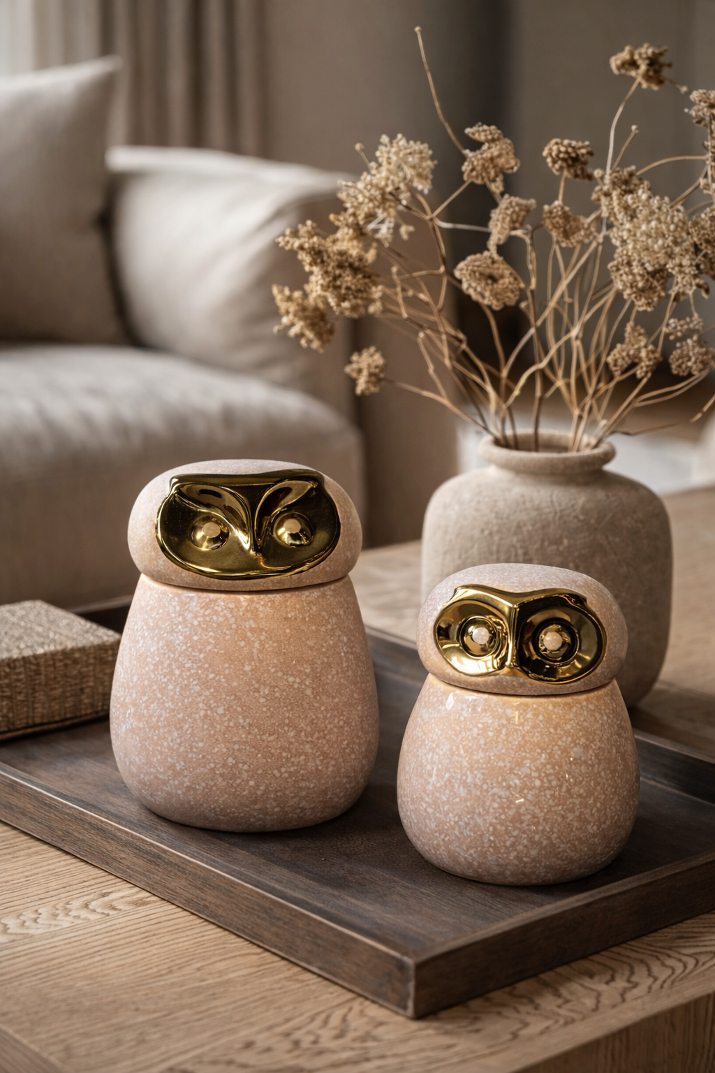 Two decorative jars with gold accents on a wooden tray in a living room setting.